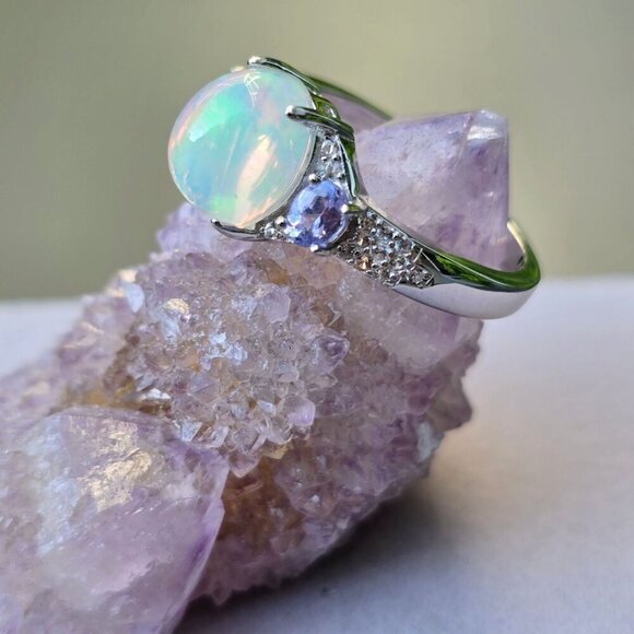Ethiopian Opal ✦ Tanzanite Aurora Grove Ring ✦ 2.00ctw Rhodium Over Sterling 6 - Picture 8 of 17